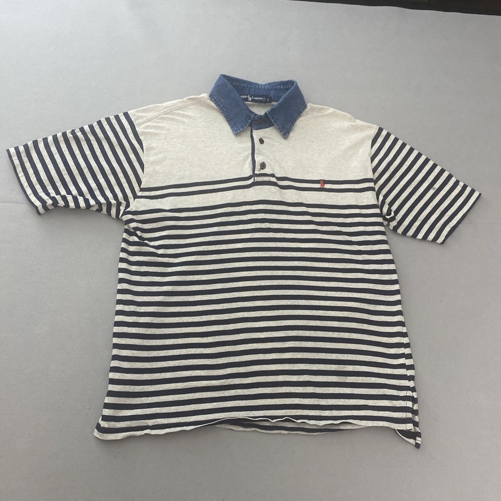 Vintage Ralph Lauren Men's Polo Shirt Blue Denim Collar Red Pony Measures Medium